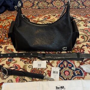 Coach Black Leather Shoulder Bag with Silver Chain Detail Juliet 30